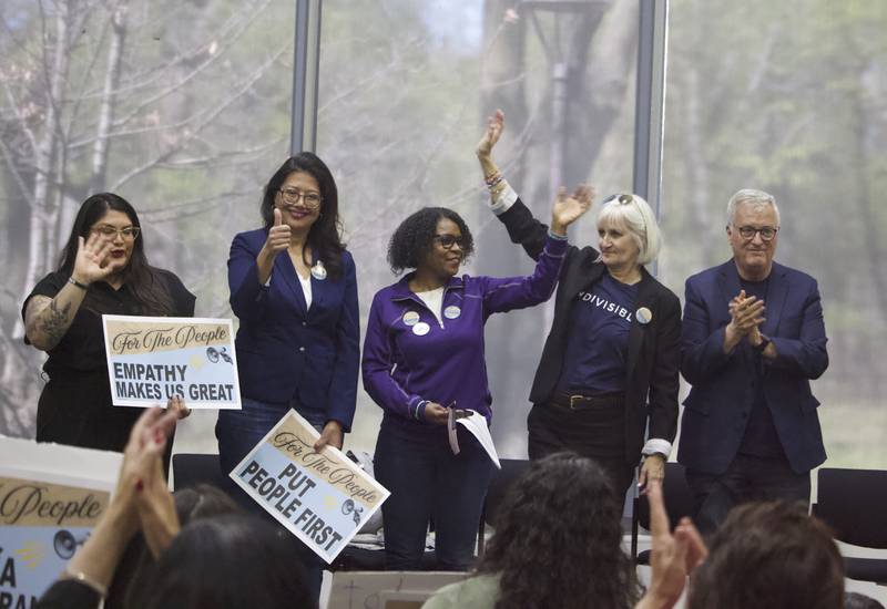 Illinois Democratic senators Graciela Guzmán (left), Karina Villa, Adriane Johnson, Mary Edly-Allen, and Mark Walker, seen on Sunday, April 27, 2025, at Joliet Junior College in Joliet.