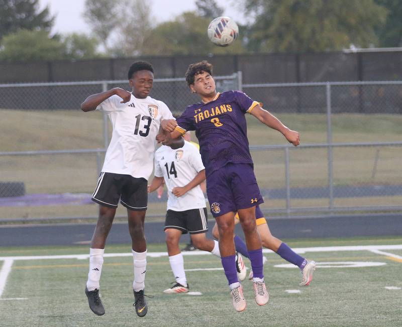 Mendota's Abel Nanez goes up for a header with Kewanee's Damareon Thomas during the Three Rivers Tournament on Thursday, Oct. 2, 2025 at Mendota High School.
