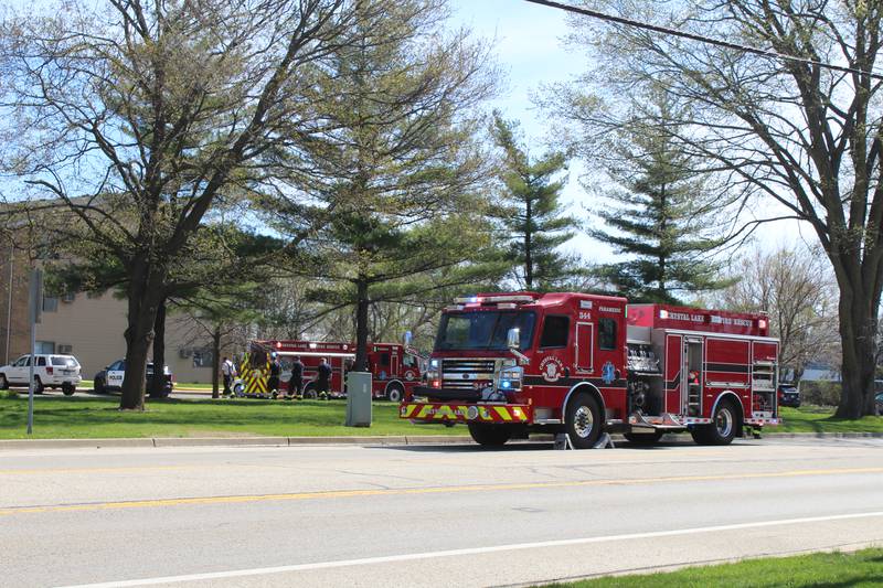 Firefighters respond to a fire that broke out in a third-floor condo in Crystal Lake Monday morning.