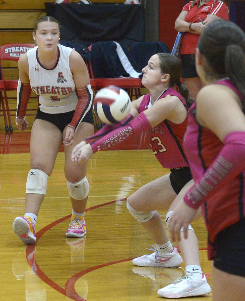 Streator’s Caitlyn Talty (23) returns a serve Tuesday, Oct. 14, 2025, at Pops Dale Gymnasium in Streator.