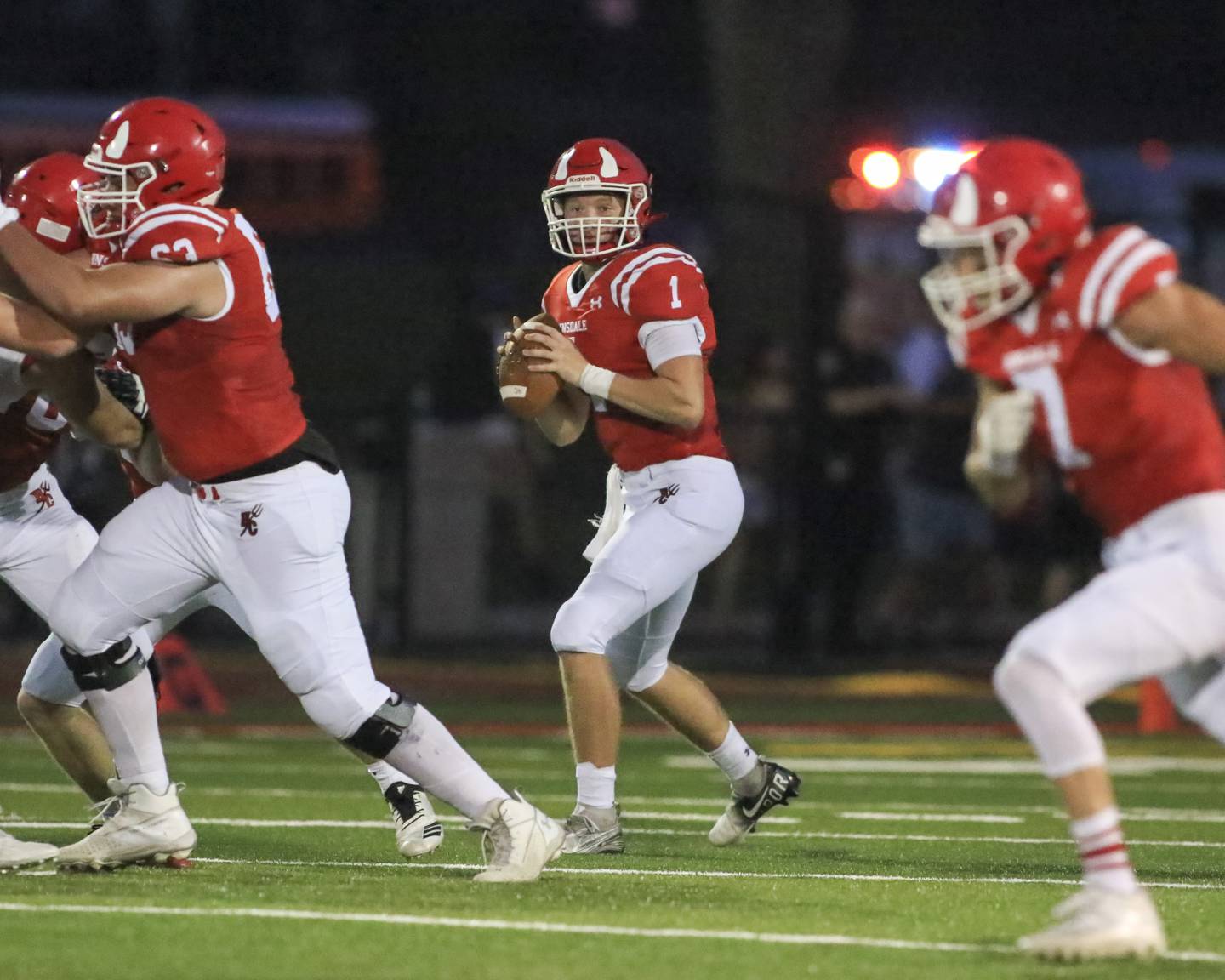 Hinsdale Central's Benjamin Monahan (1) surveys the filed during football game between Hinsdale Central vs Naperville Central.  August 27, 2021.