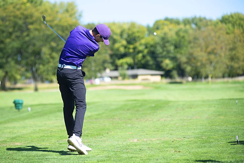 Dixon’s Alex Harrison tees off on no. 4 at Emerald Hill in Sterling for the Class AA IHSA sectional golf meet.