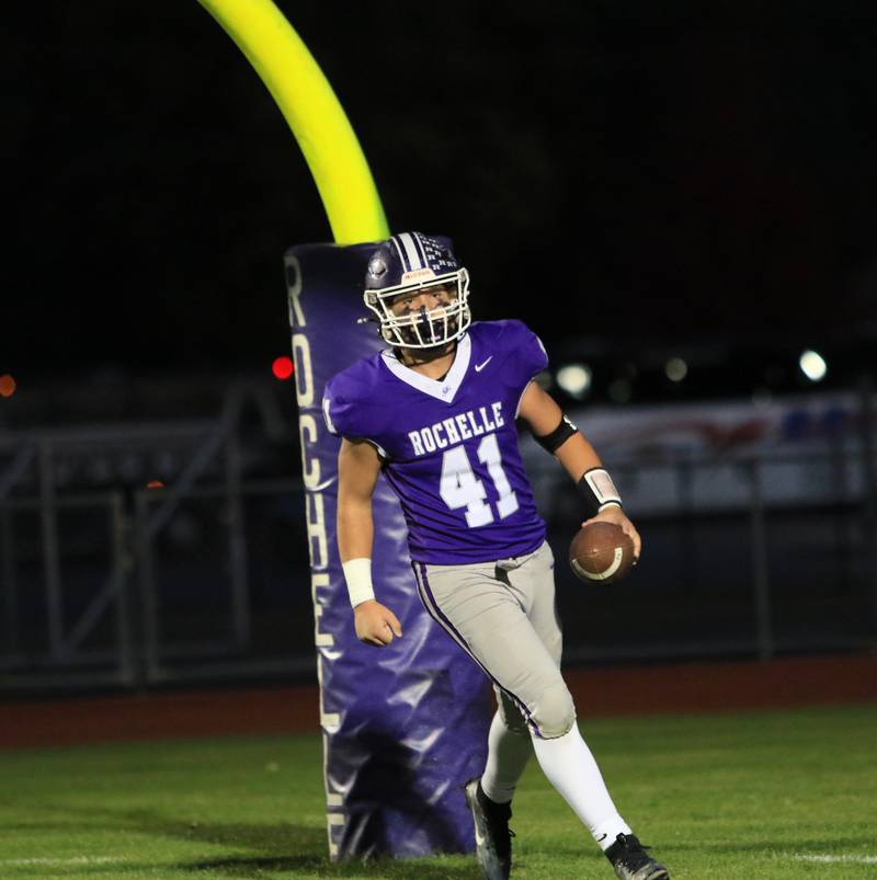 Rochelle's Tyler Gensler celebrates a score during the Hubs' game with Waterloo.