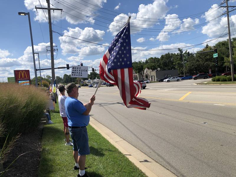 More than 600 people lined Richmond Road on McHenry's north side on Monday, Sept. 1, 2025, as part of the Workers Over Billionaires protest, promoted by Indivisible McHenry County.