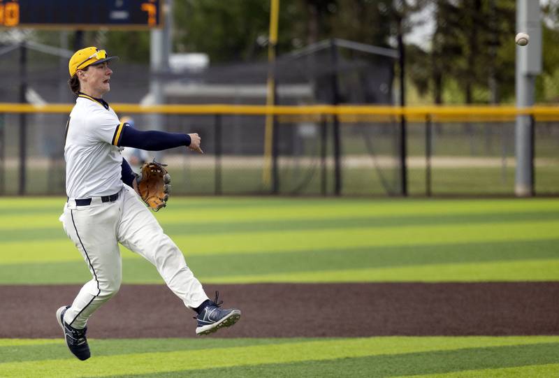 Sterling’s Eli Penne fires a throw from third for an out against Geneseo Wednesday, May 6, 2026.