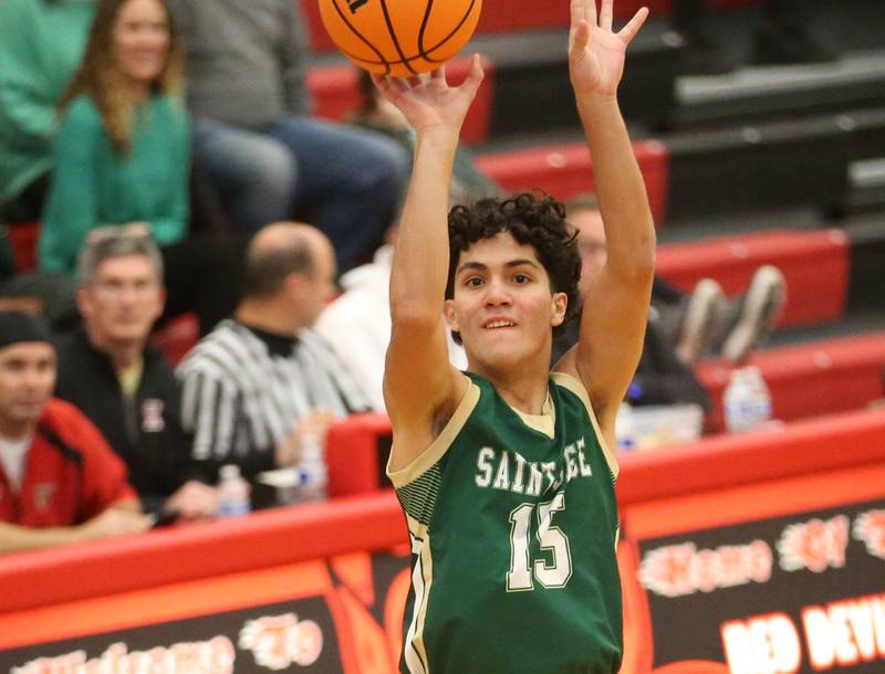 St. Bede's Jose De La Torre shoots a wide-open jump shot against Eureka during the 50th annual Colmone Classic on Monday, Dec. 9, 2024 at Hall High School.
