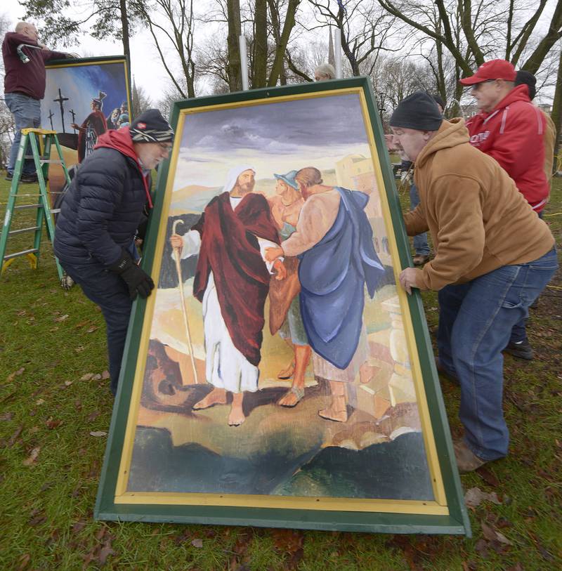 The 16 paintings of the life of Christ went up Saturday morning at Washington Square in Ottawa. Created in 1956 by The Ottawa Retail Merchants Association to keep Christ in Christmas, the 4-foot-7 paintings depict Jesus’s birth, life and ministry, each painting accompanied by a Scripture verse.