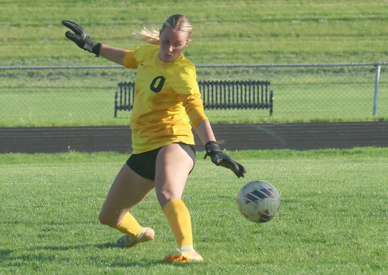 Ottawa keeper Shaelyn Miller misses a stop on the ball as it rolls into the net on Wednesday, April 22, 2026 on King Field at Ottawa High School.
