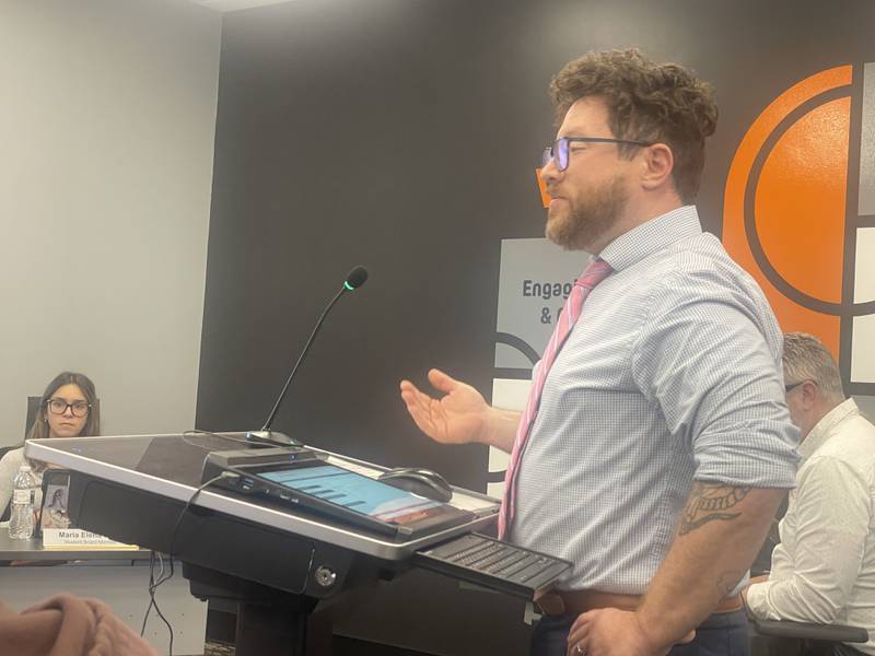 DeKalb resident Keith Cameron speaks out Nov. 4, 2025, at a meeting of the DeKalb School District 428 Board.