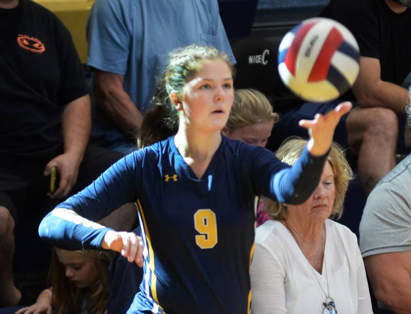 Polo's Reese Mekeel serves against Amboy at the Polo Invite on Saturday, Sept. 27, 2025.