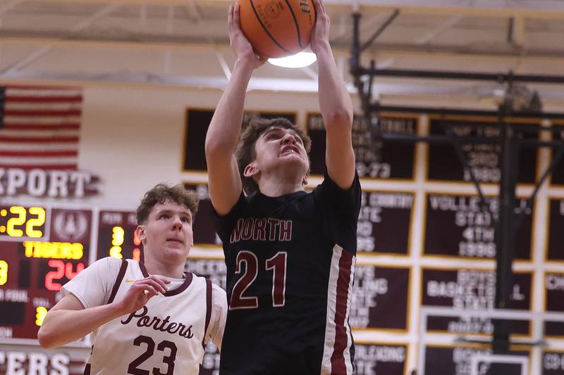 Plainfield North’s Joseph Charbonneau takes a shot against Lockport on Friday, Jan. 3, 2025 in Lockport