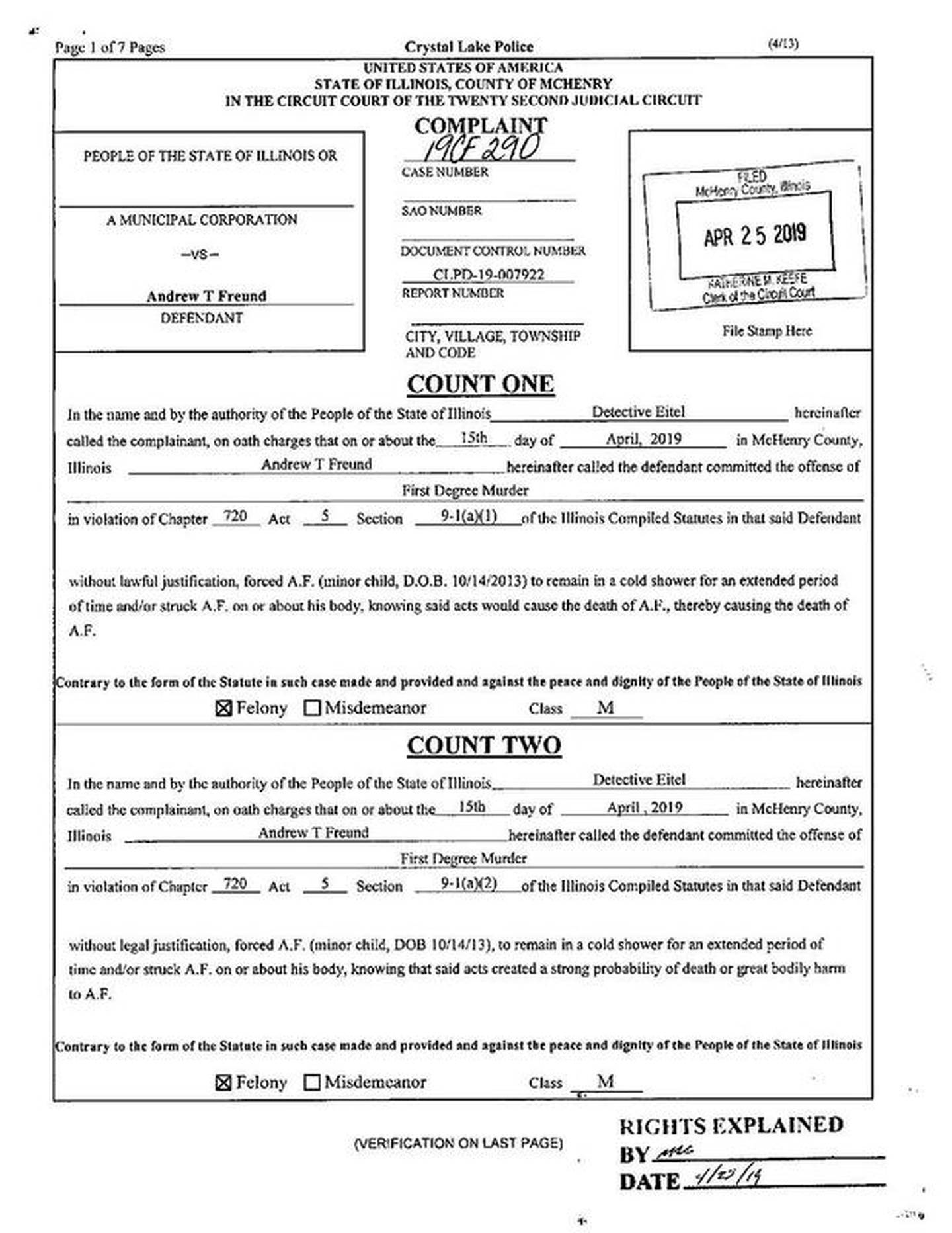 A complaint for charges against Andrew Freund.