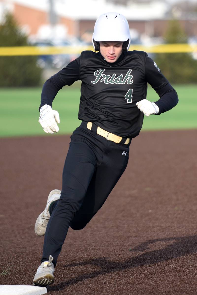 Bishop McNamara's Cooper Austiff rounds third base during a game at Coal City Thursday, April 3, 2025.