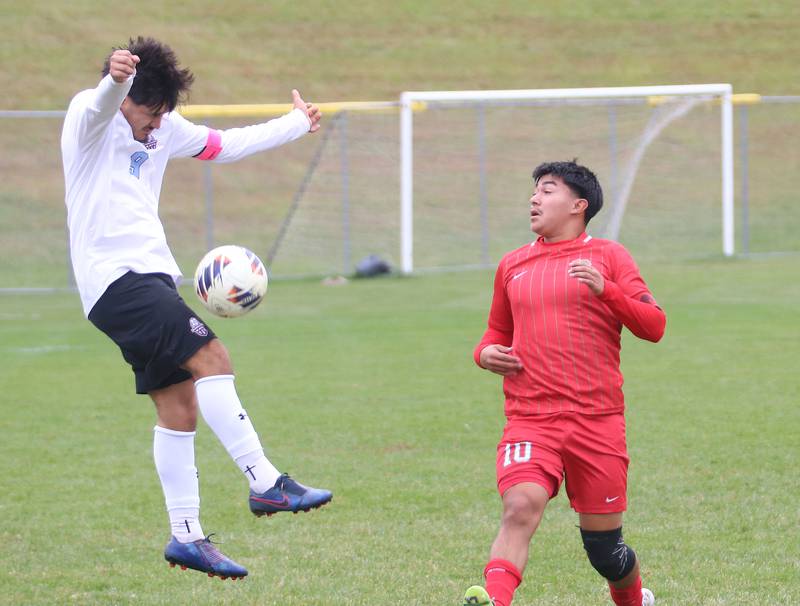 Kankakee's Joseph Andrade beats out L-P's Ismael Mejia to the ball during the Class 2A Regional title game on Saturday, Oct. 25, 2025 at Ottawa High School.