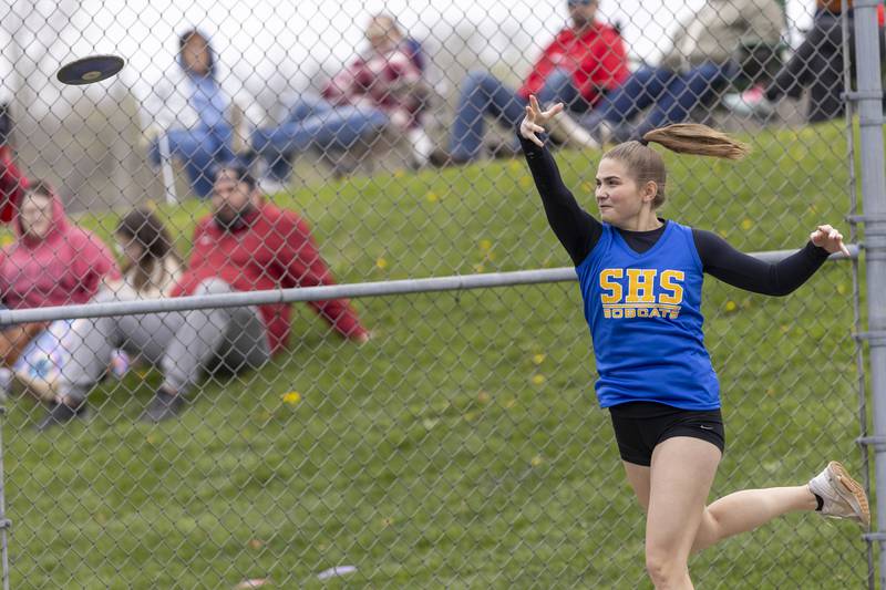Ella Menard of Somonauk High School throws the discus during the Rollie Morris Invite on April 19, 2025 at St. Bede Academy.