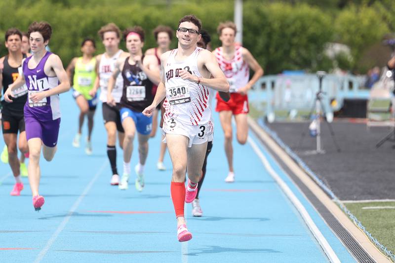 Hinsdale Central’s Dan Watcke holds the lead heading to the finish line in the Class 3A 800 Meter State Finals on Saturday, May 27, 2023 in Charleston.