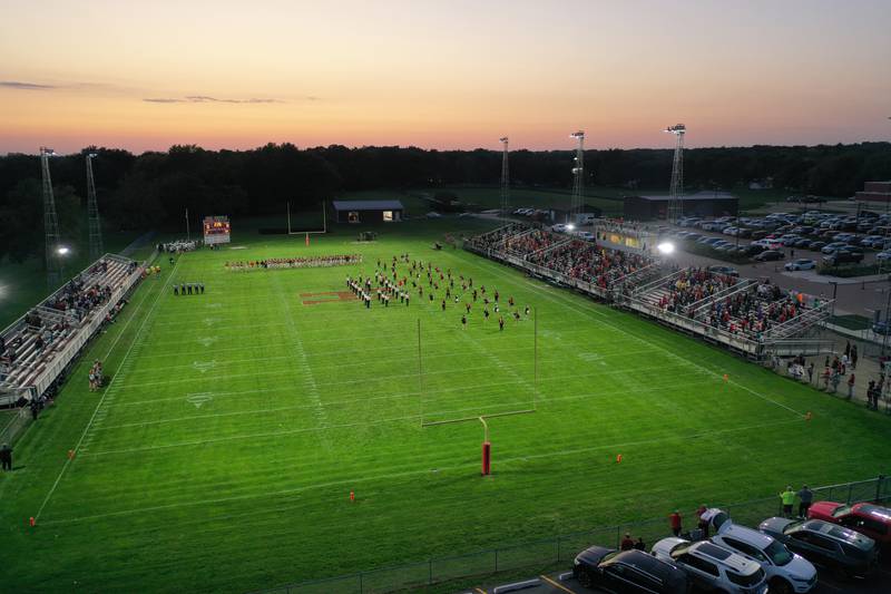 An aerial view of Richard Nesti Stadium on Homecoming night as the Red Devils play Illinois Valley Central on Friday, Sept. 29, 2023 at Richard Nesti Stadium.