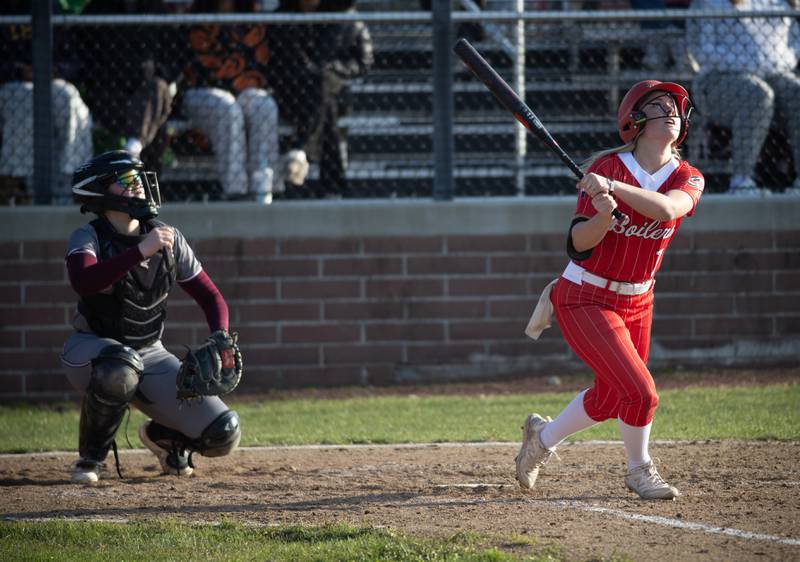 Bradley-Bourbonnais' Lydia Hammond pops a shallow fly ball that she turns into a double in the fourth inning of Thursday's game against Lockport.