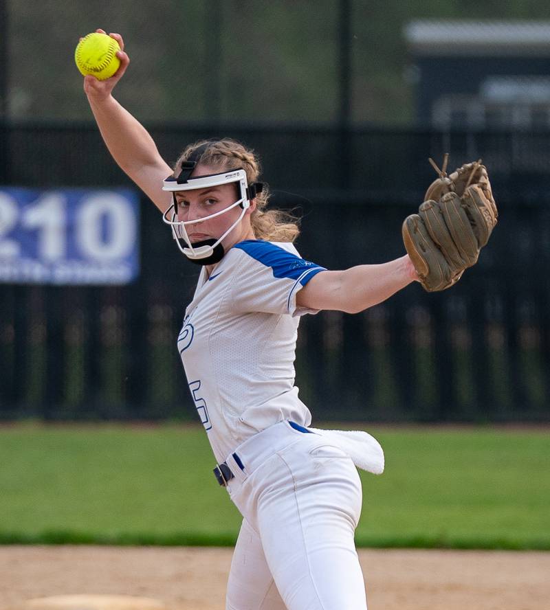 St. Charles North's Paige Murray (15) delivers a pitch against Lake Park during a softball game at St. Charles North High School on Wednesday, May 11, 2022