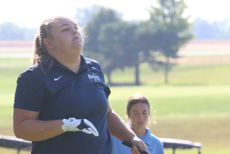 Fieldcrest's Abby Greenland tees off during the Class 1A Regionals on Tuesday, Sept. 30, 2025 at Spring Creek Golf Course in Spring Valley.