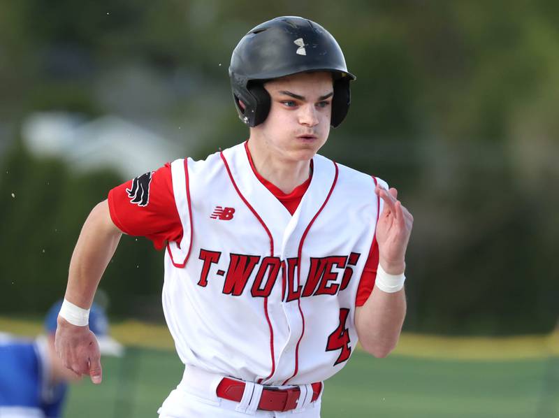 Indian Creek's Dominik Nelson runs to third during their game against Hinckley-Big Rock Monday, April 29, 2024, at Indian Creek High School.