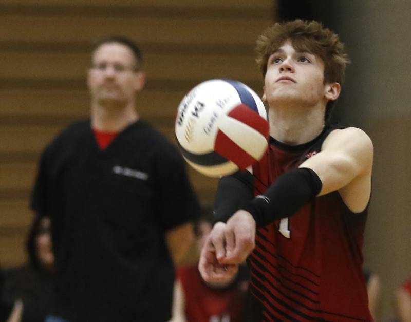 Huntley's Eddie Bretana passes the ball during a nonconference boys volleyball match against St. Charles North Monday, May 8, 2023, at Huntley High School.
