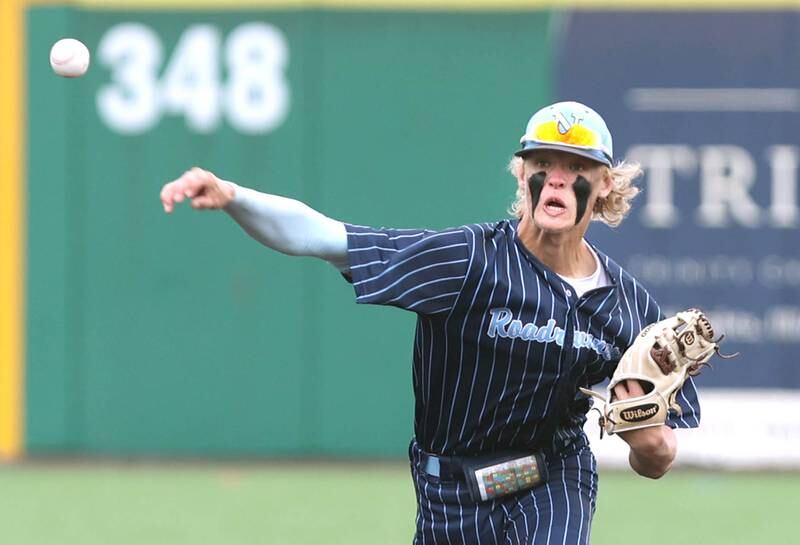 Nazareth's Cooper Malamazian throws the ball to first during their 16-3 win over Crystal Lake South Friday, June 10, 2022, in the IHSA Class 3A state semifinal game at Duly Health and Care Field in Joliet.