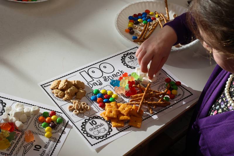 Shabbona Elementary School kindergartener Sawyer Arlis counts 100 snacks for an activity during the 100th day of school on Monday, Feb. 9, 2026.