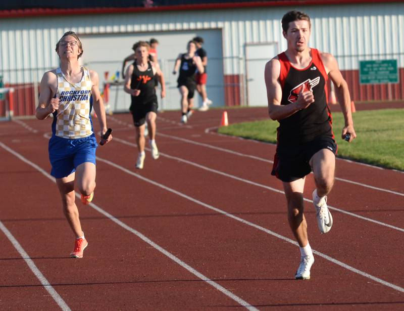 Forreston's Noah Dewey (right) heads to the finish line in the 4x200 relay at the 1A Oregon Sectional at Landers-Loomis Field on Friday, May 23, 2025. Dewey, Jonathan Milnes, Brody Schwartz, and Eli Ferris won the race and advanced to the state meet at Eastern Illinois University on Thursday, May 29.
