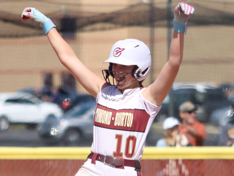 Richmond-Burton’s Hailey Holtz celebrates after pulling into second base on a double against North Boone  in IHSA Class 2A Regional Title Game action softball at Richmond-Burton High School in Richmond  on Saturday, May 24, 2025.