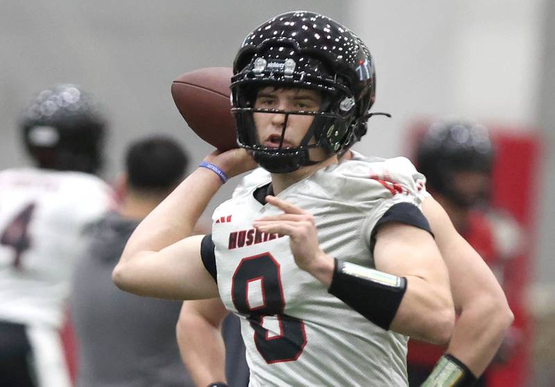 Northern Illinois University quarterback Kenny Lueth throws a pass Tuesday, March 26, 2024, during spring practice in the Chessick Practice Center at NIU.