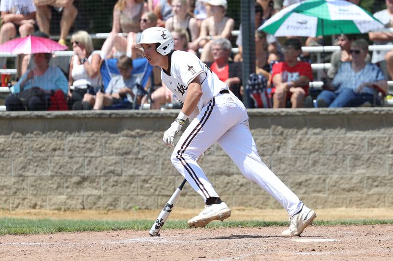 Jake Troyner puts Joliet Catholic up 5-4 on a sacrifice roundball against Spring Valley Hall in the Class 2A Geneseo Supersectional on Monday, May 29, 2023 in Geneseo.
