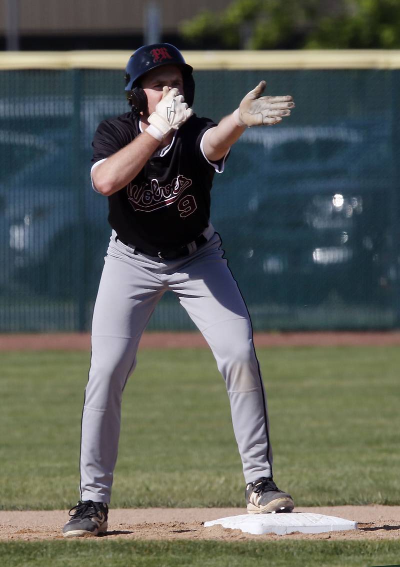 Prairie Ridge's Jack Herman celebrates a double during a Fox Valley Conference baseball game against Crystal Lake South on Friday, May 15, 2026, at Crystal Lake South High School.