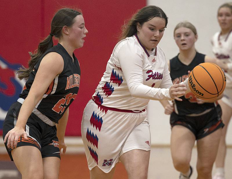 Morrison’s Makenzie Neas handles the ball against Milledgeville’s Kendra Hutchinson Wednesday, Jan. 22, 2025.