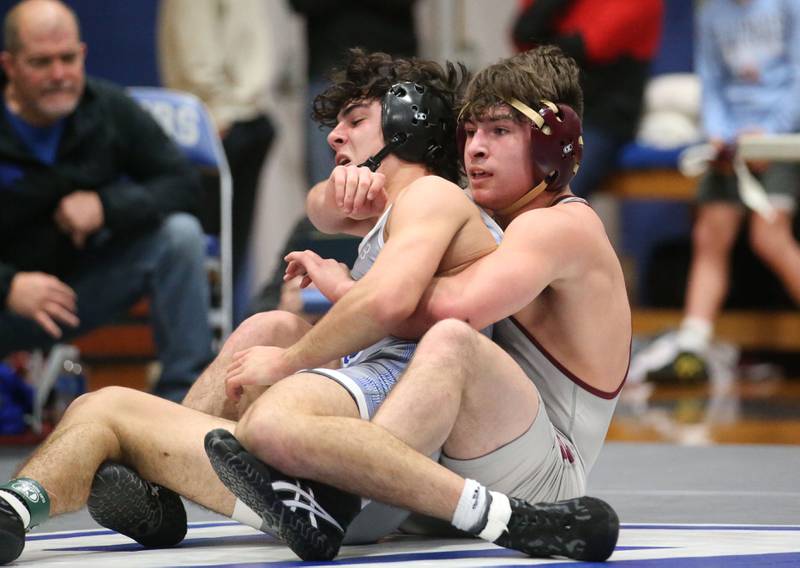 Princeton's Ace Christiansen wrestles Richmond-Burton's Emmett Nelson during the 61st annual Lyle King wrestling tournament on Saturday, Jan. 11, 2024 at Princeton High School.