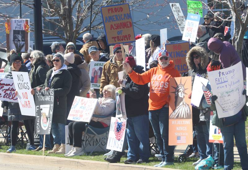 Protesters gather for a No Kings rally on Saturday, March 28, 2026 at Rotary Park in Princeton.