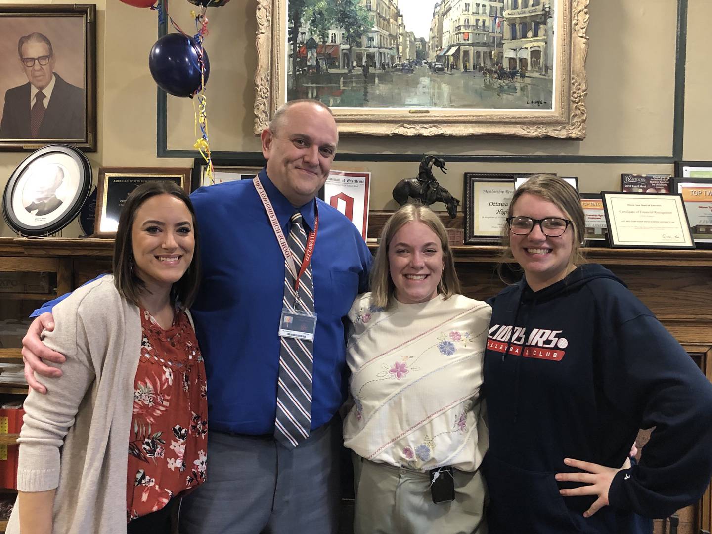 Ottawa High School Principal Pat Leonard was shocked Wednesday, March 16, 2022, when his daughters came into a meeting room with balloons followed by members of the IPA there to congratulate him on his Principal of the Year honors.