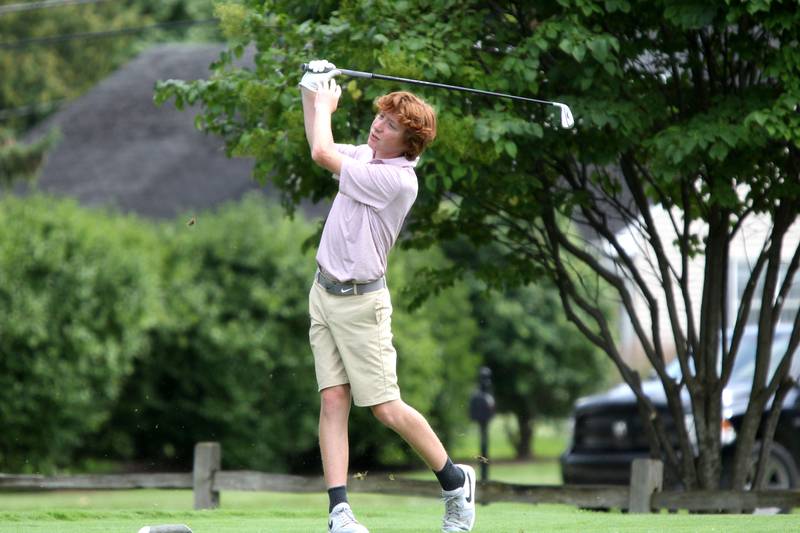 Batavia’s Tanner Gawlik tees off during the McChesney Cup golf tournament at the Geneva Golf Club on Monday, Aug. 15, 2022.