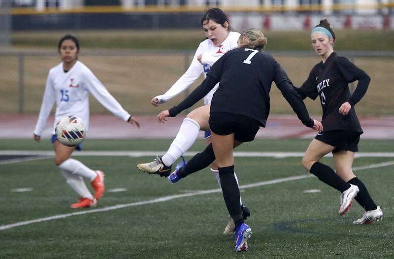 Huntley\s Emma Emricson score a gaol during a nonconference soccer match against Larkin on Thursday, March 26, 2026, at Huntley High School.