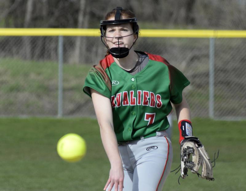 La Salle-Peru pitcher Chloe Mitchell (7) fires home during her complete-game shutout of Ottawa on Monday, April 11, 2022, at King Field in Ottawa.