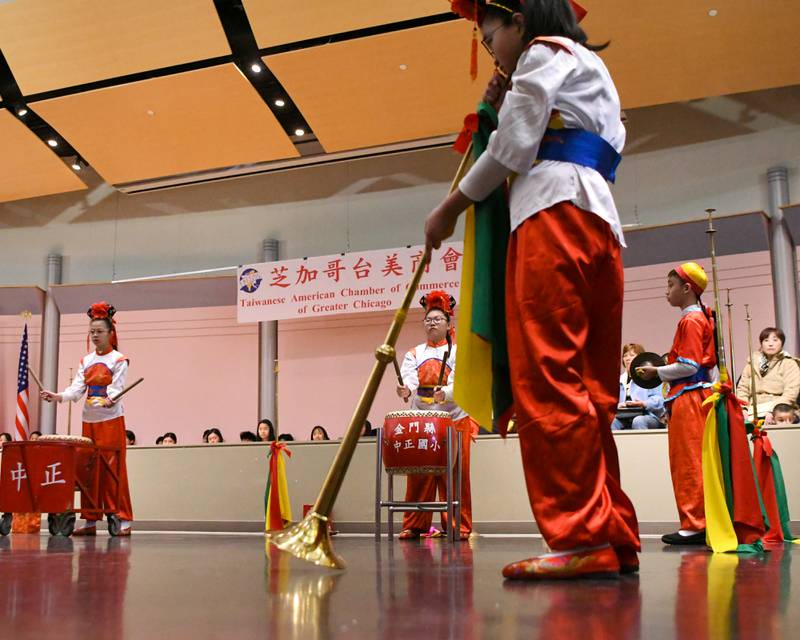 The Jhong Jheng Elementary School Suona and Drum Ensemble from Kinmen, Taiwan preform on Saturday April 19, 2025, at the Taiwanese American Chamber of Commerce building in Westmont.