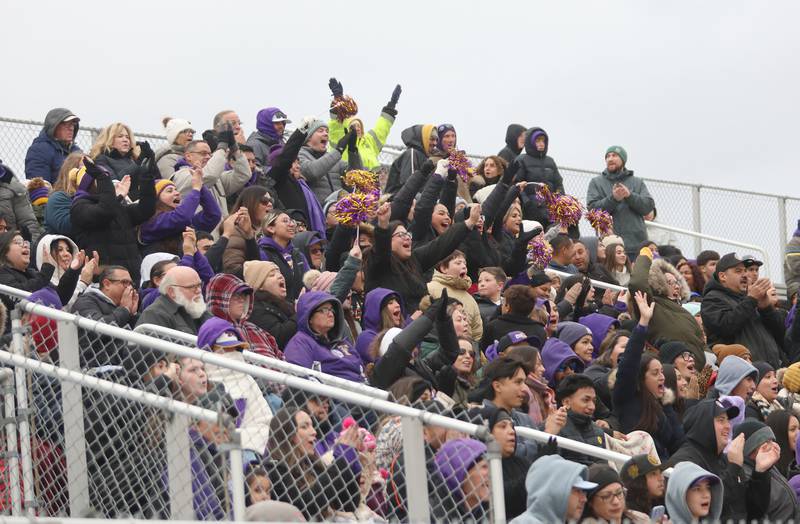 Mendota fans cheer on the Trojans during the Class 1A State title game on Saturday, Nov. 8, 2025 at Hoffman Estates High School.