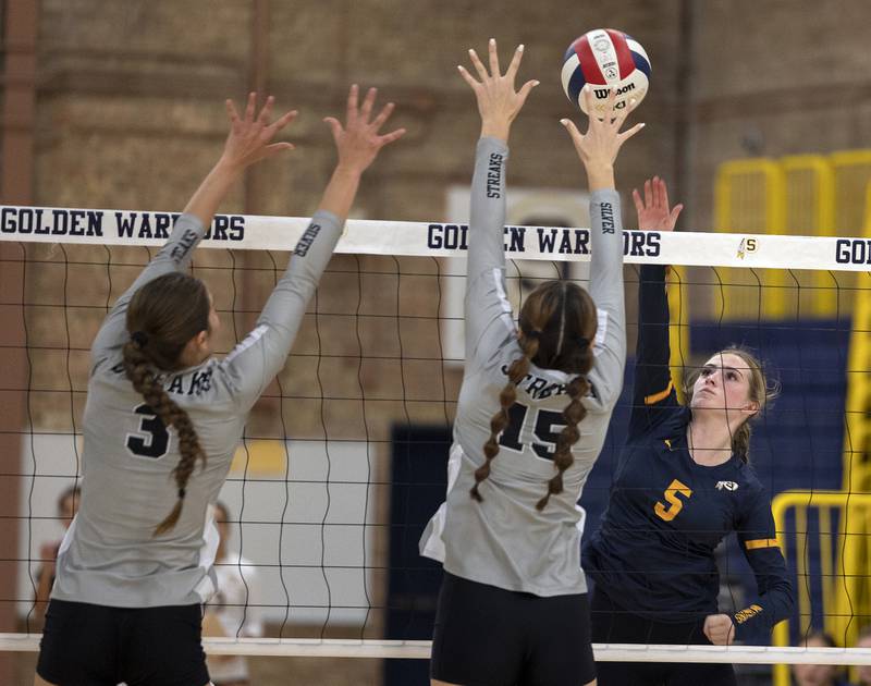 Sterling’s Payton Ottens hammers the ball against Galesburg Tuesday, Sept. 24, 2024, in Sterling.
