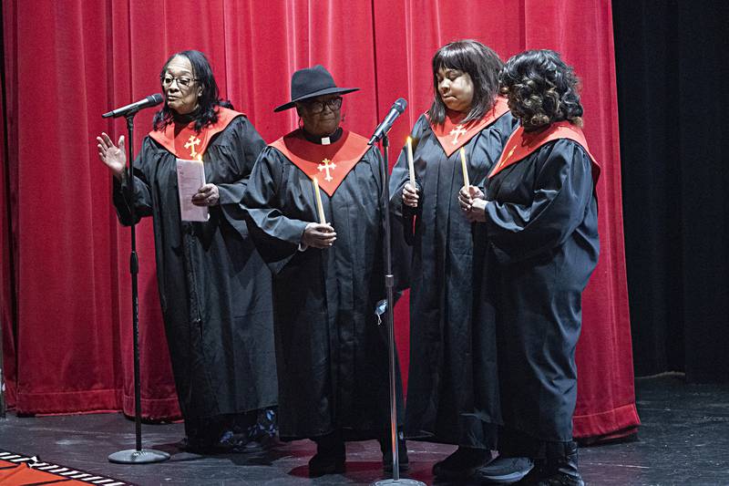 Choir members from Friendship Temple of Jesus Christ sing “Stand By Me” Friday, Jan. 19, 2024 to open a movie about the Sauk Valley YWCA.
