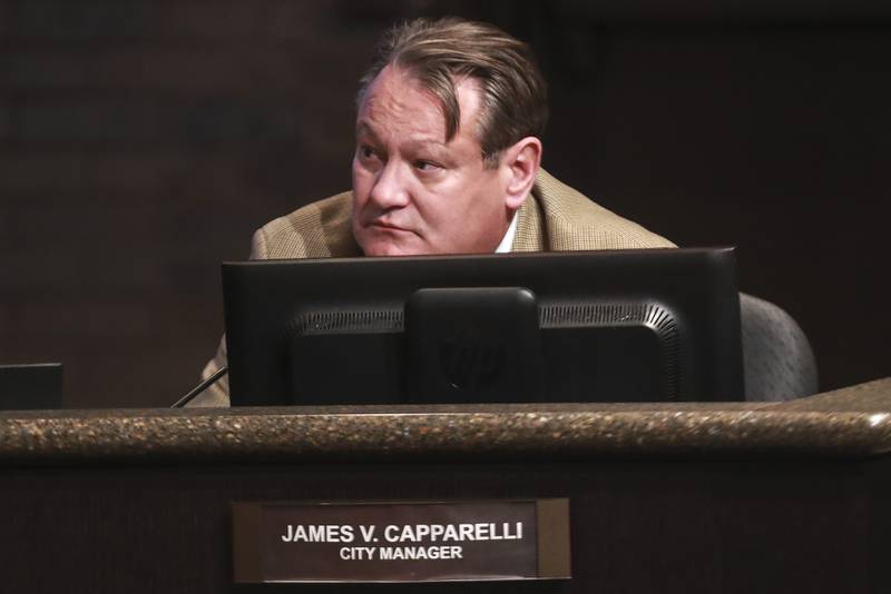 City Manager Jim Capparelli listens to council discussion on Tuesday, May 18, 2021, at Joliet City Hall in Joliet, Ill. The Joliet City Council discussed an amendment to allow for liquor consumption and video gambling at gas stations.
