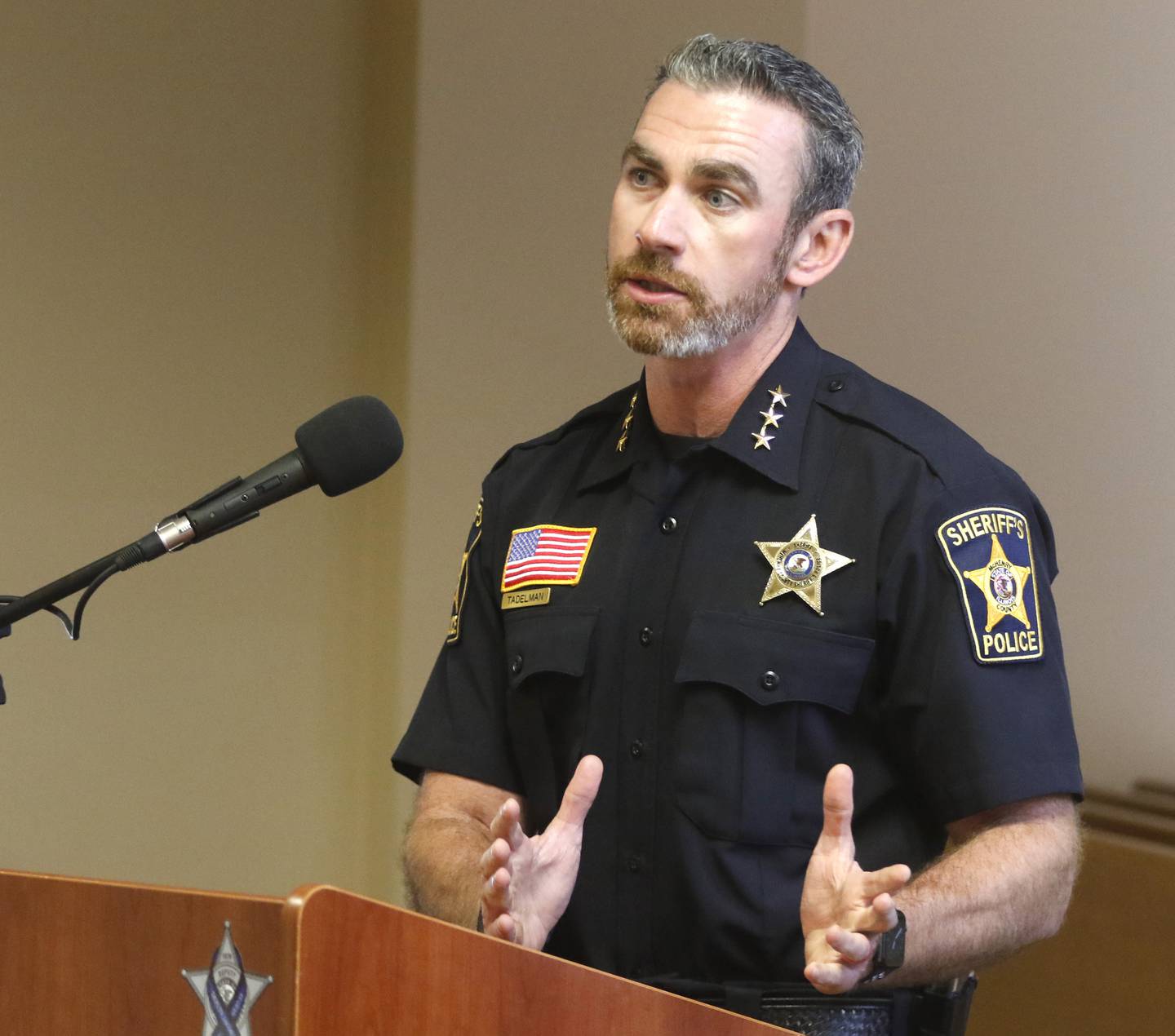 McHenry County Sheriff Robb Tadelman talks about how cashless bail is going to be implemented during a McHenry County Bar Association on Tuesday Aug. 29, 2023, at the McHenry County Sheriff's Office.