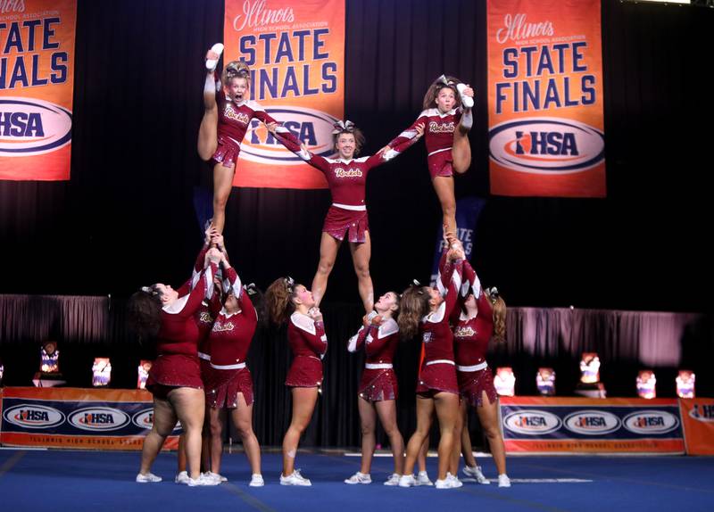 Members of the Richmond-Burton cheerleading team compete in the small team division of the IHSA State Finals on Saturday, Feb. 8, 2025 at Grossinger Motors Arena in Bloomington.