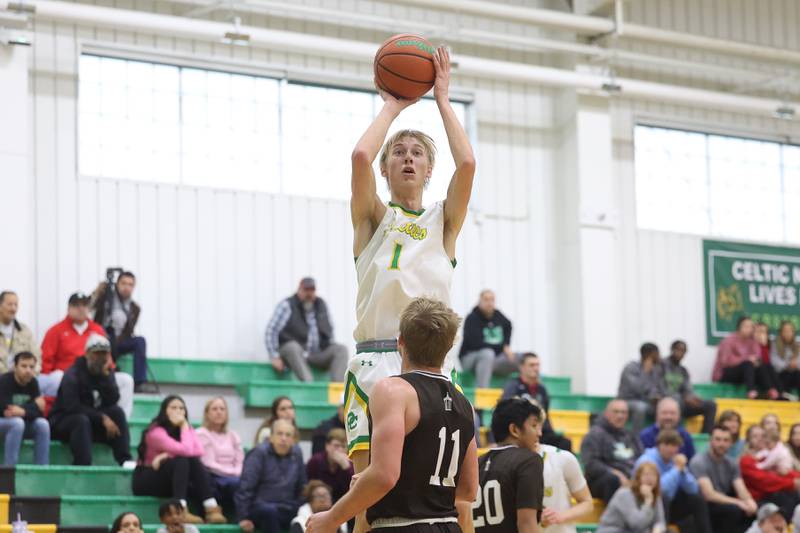Providence’s Kyle Lipke puts up a shot against Joliet Catholic on Saturday, Dec. 9th, 2023 in New Lenox.