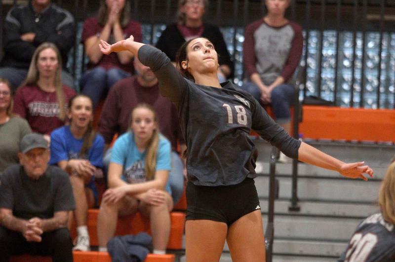 Prairie Ridge’s Maizy Agnello prepares to hit the ball in varsity volleyball at Crystal Lake Central Thursday night.