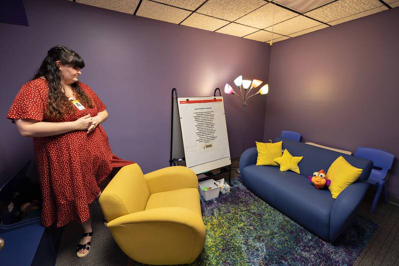 Shining Star Forensic Interviewer Bailey Robinett showcases the interview room Wednesday, July 23, 2025, during an open house of the child advocacy center. The room is very child friendly to help the victim feel at ease. The room also has a camera system that other advocates can monitor from another room.